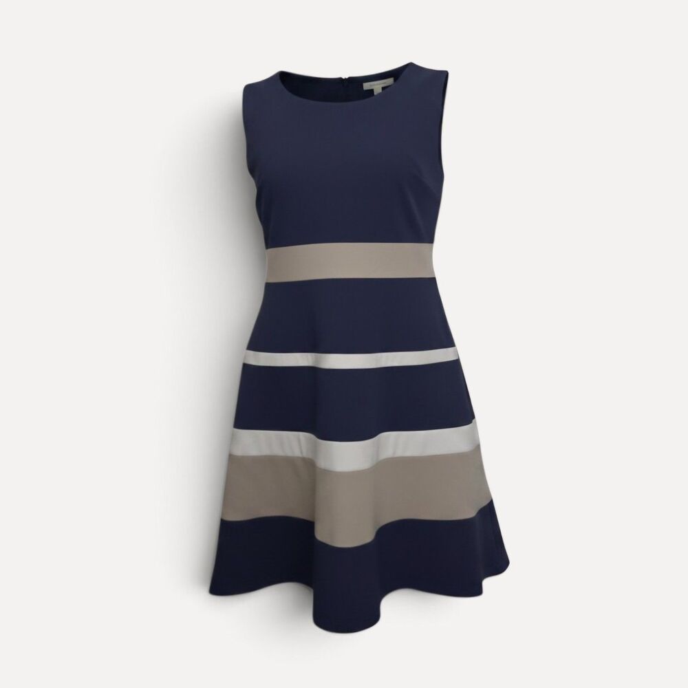 Tommy Hilfiger 16 Navy Blue White Striped Fit Flare Dress Colorblock